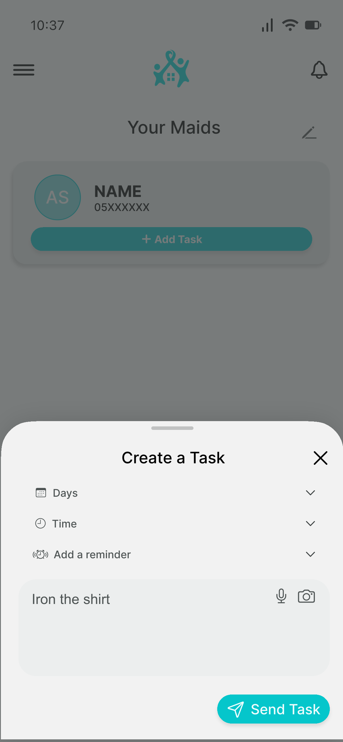 Create a maid task with days, time, reminder and the instruction Iron the shirt